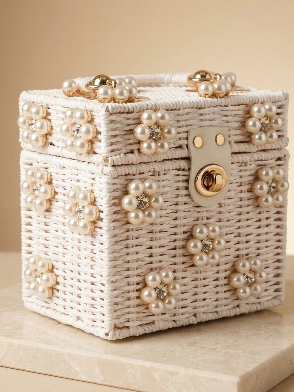 Sugar Pearl Bloom Woven Wicker Top Handle Purse - Picture 6 of 6
